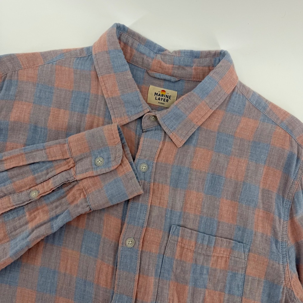 Marine Layer Button Down Shirt Mens Large Blue Pink Check Cotton Long Sleeve